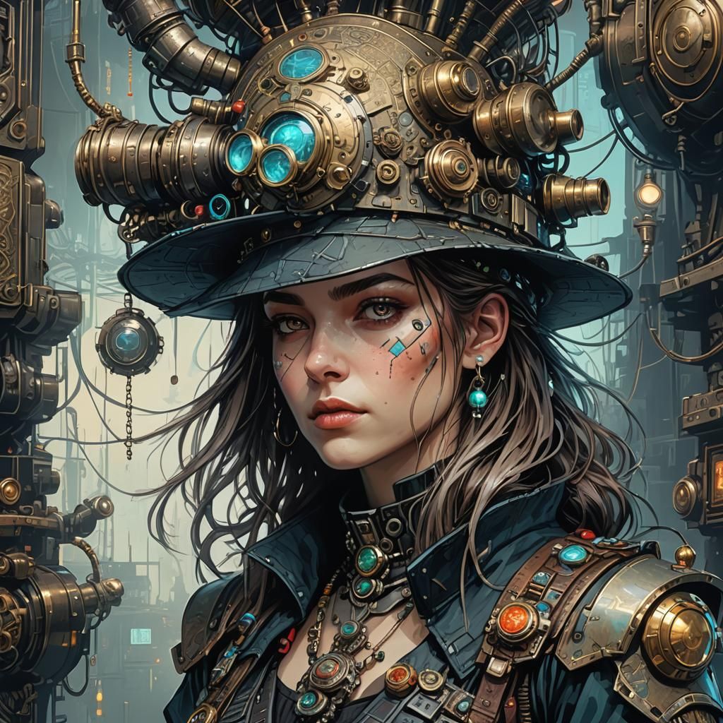 Victorian Engineer's Cyberpunk Hat: Detailed Digital Illustr...