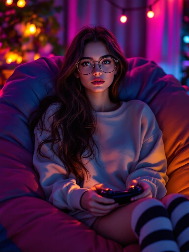 Woman in Cozy Gaming Haven