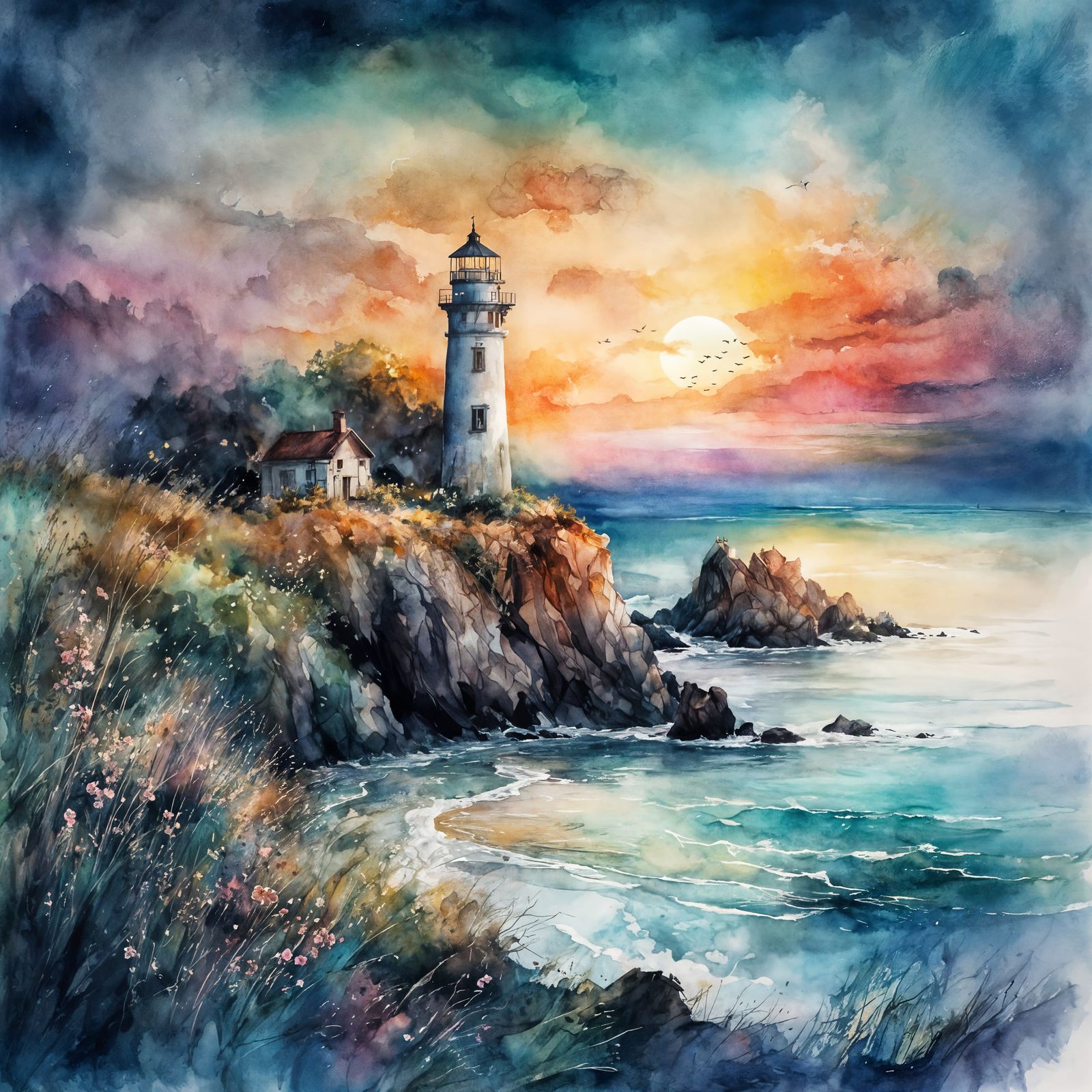 Romantic Seaside Lighthouse at Night: Watercolor Art