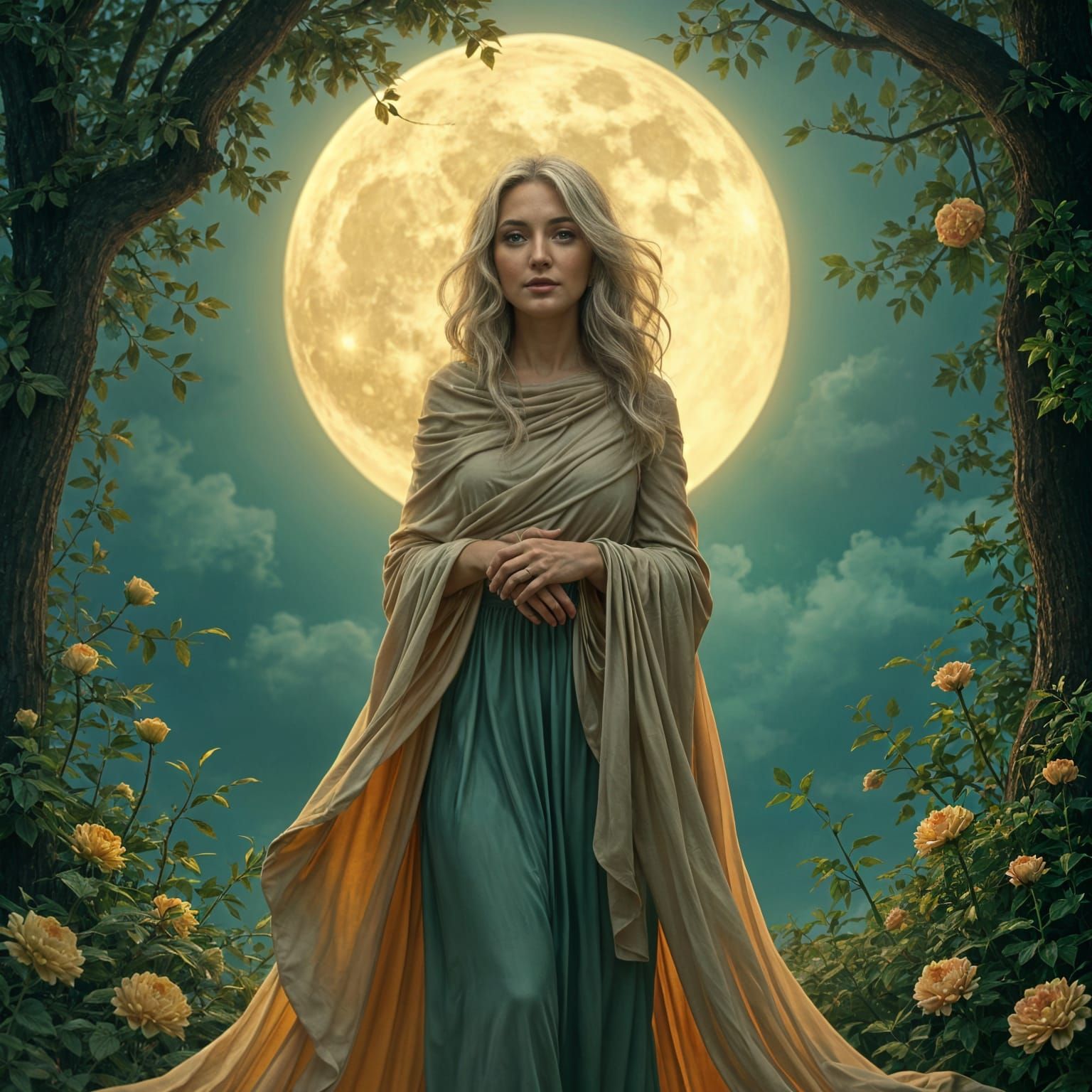 Elegant Woman Under Moonlight in Alphonse Mucha Style