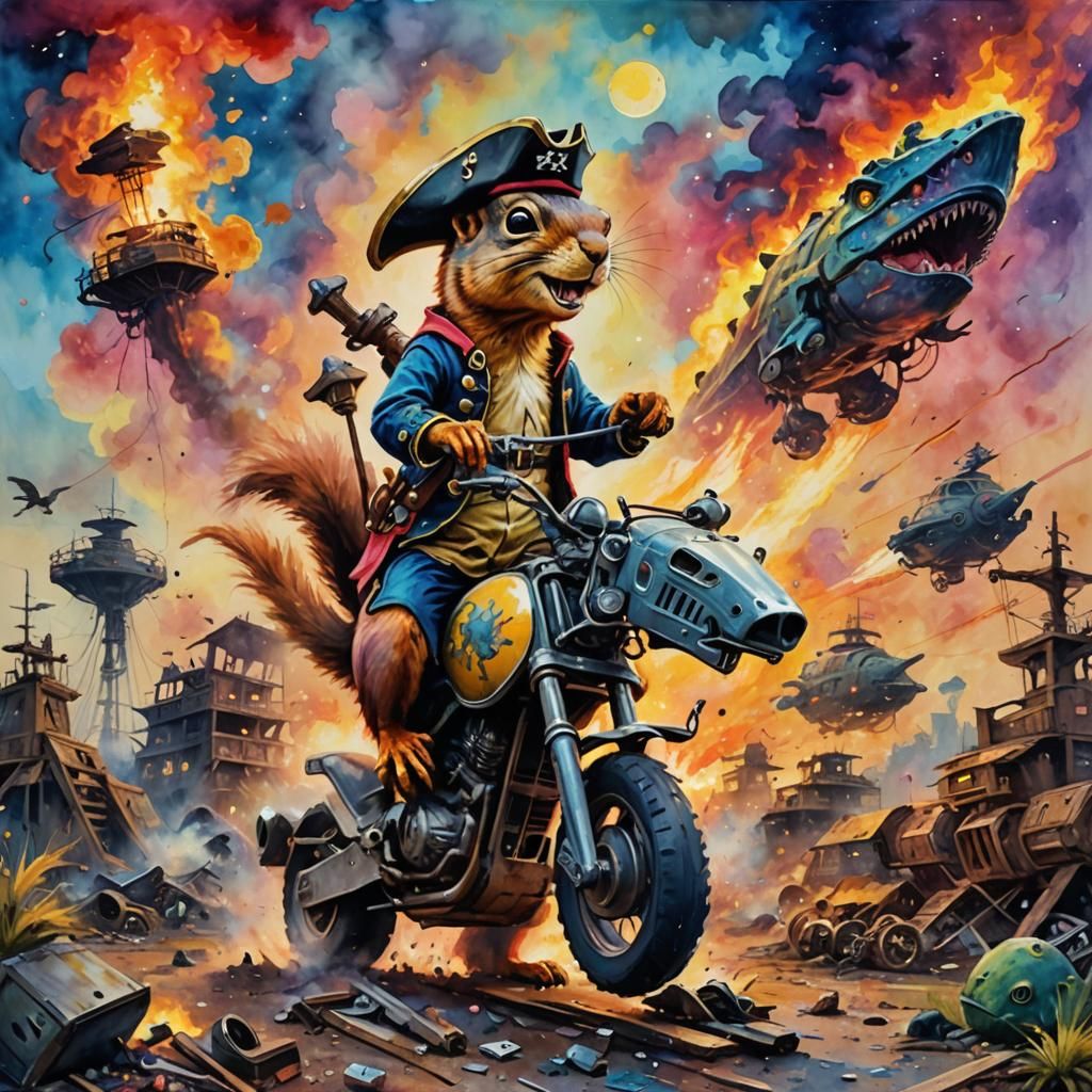 Pirate Squirrel on T-Rex in Epic Watercolor Style