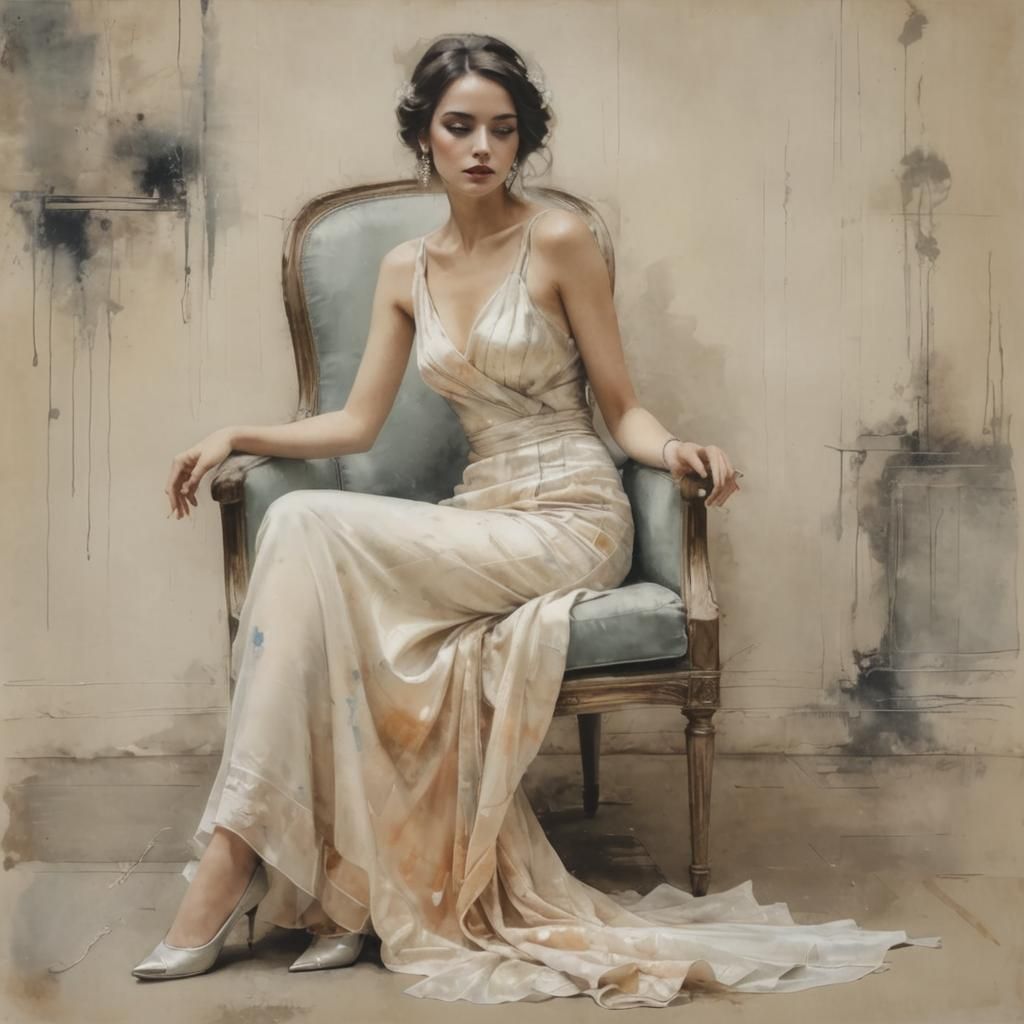 Distressed Watercolour Portrait of Elegant Lady