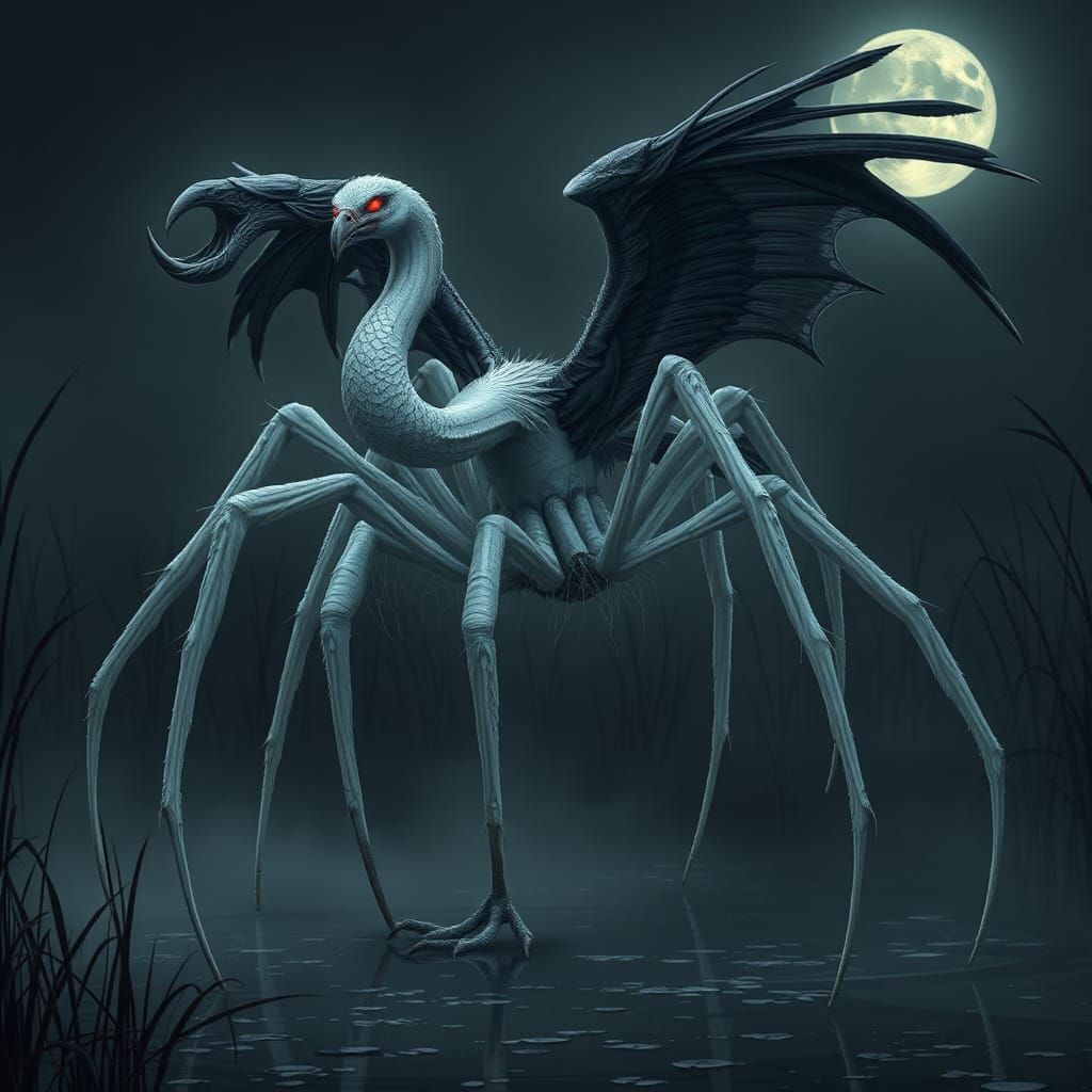 Mystical Spider-Flamingo Hybrid in Dark Fantasy Style