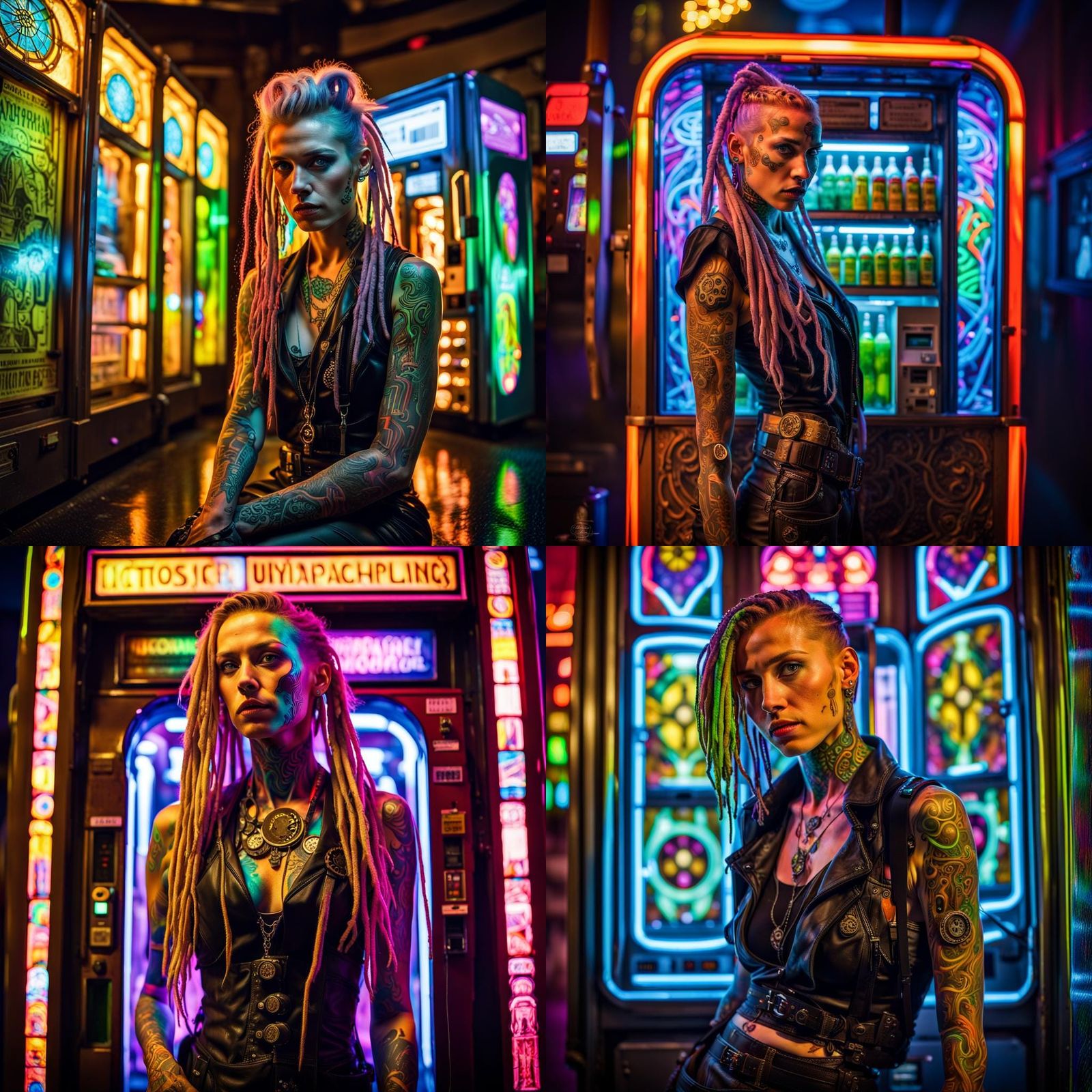 Steampunk Model in Neon City, Hyperrealistic Photograph