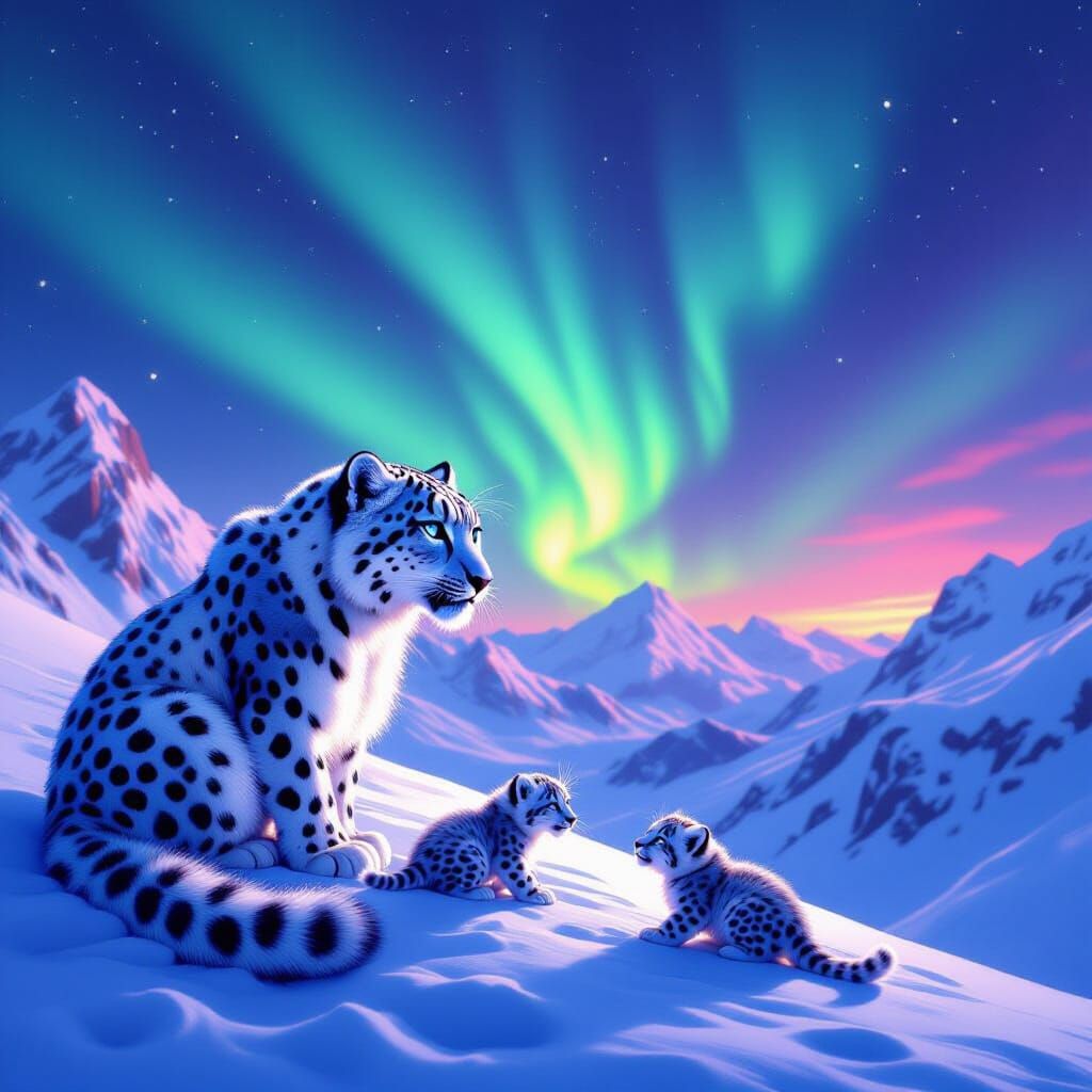 Snow Leopard Family Under Aurora Borealis in Digital Art