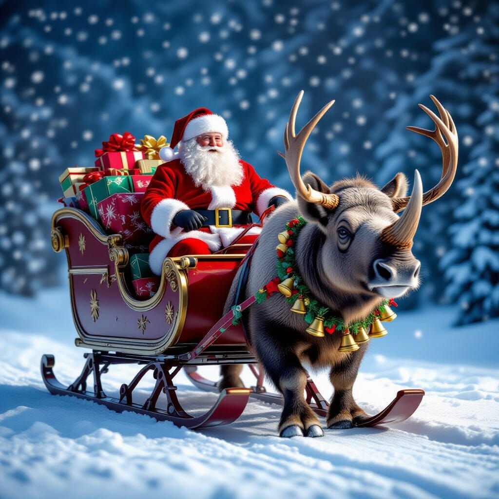 Santa's Sleigh Pulled by Rhinoceros