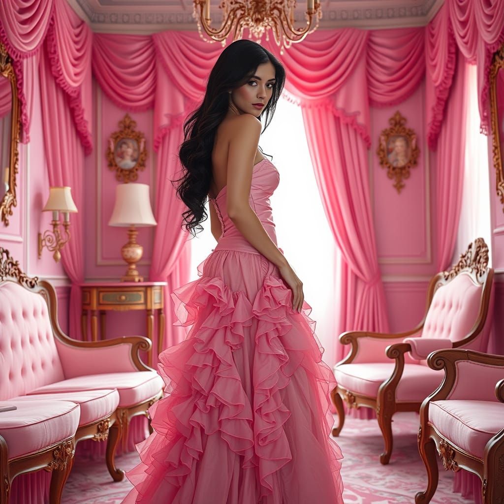 Elegant Woman in Pink Gown in Opulent Boudoir
