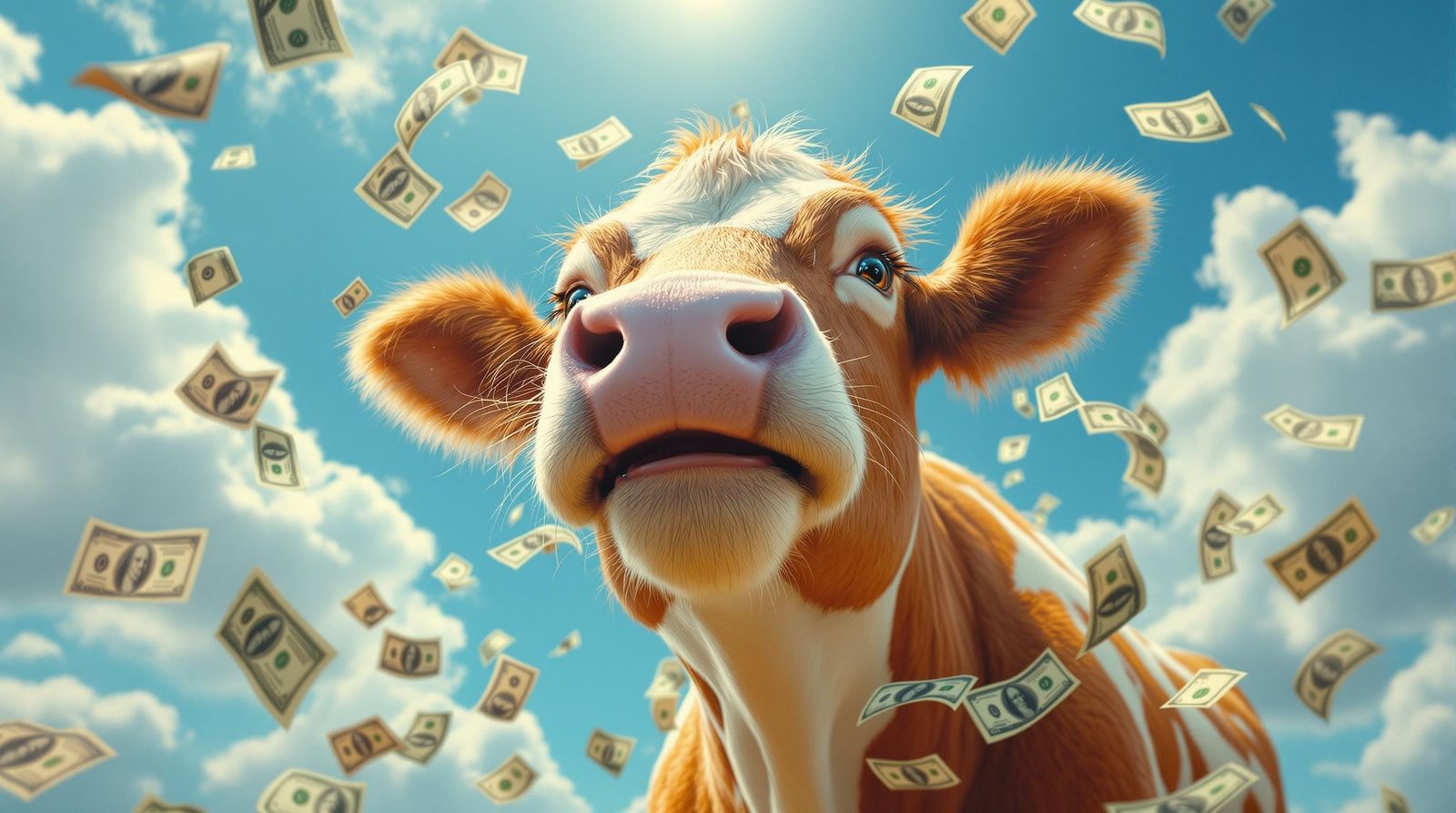 Happy Cow Surrounded by Dollar Bills in a Sunny Day Scene