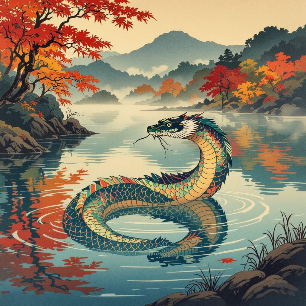 Ukiyo-e style. A majestic lake serpent with iridescent scale...