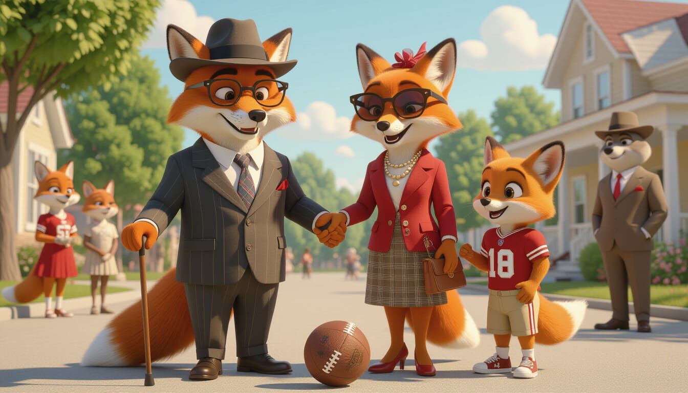 Elegant Fox Family Strolls with Grandchildren in Sunny Park