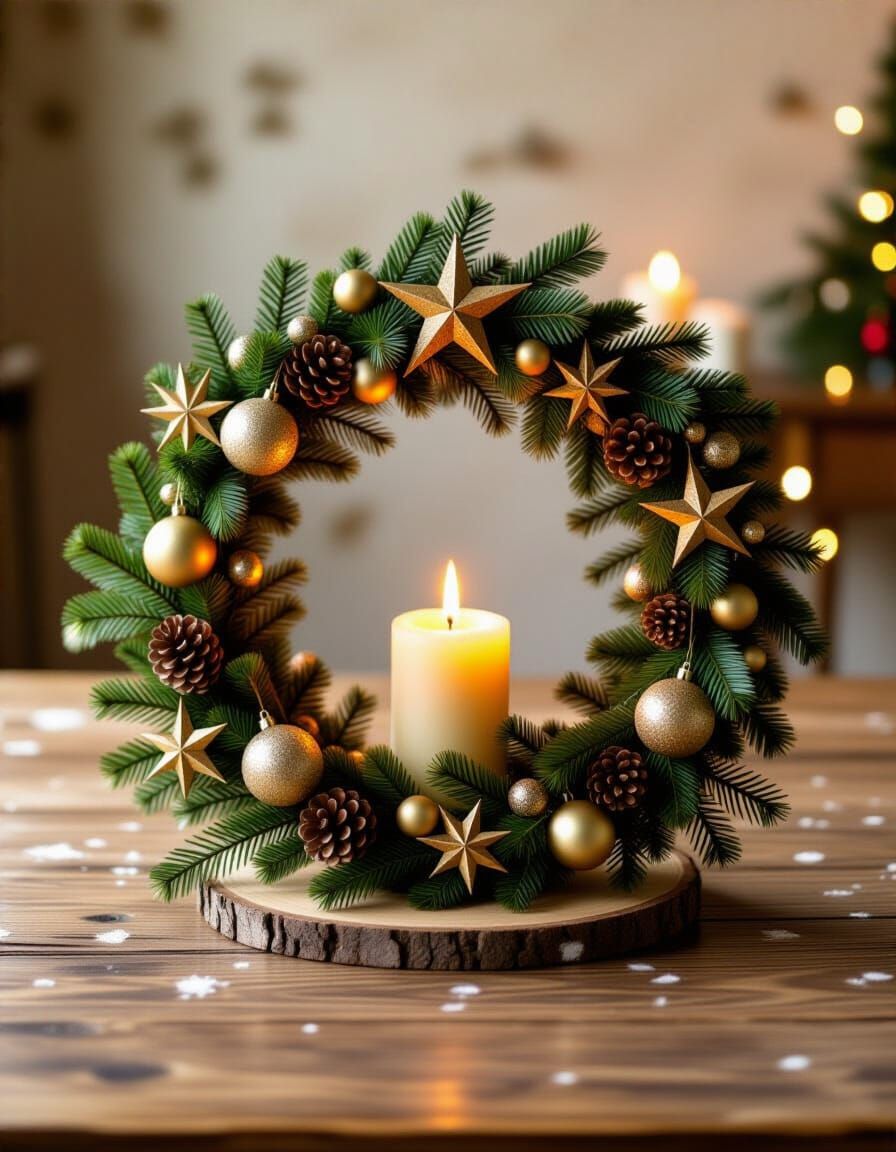 Burning Christmas Wreath with Ornaments & Stars
