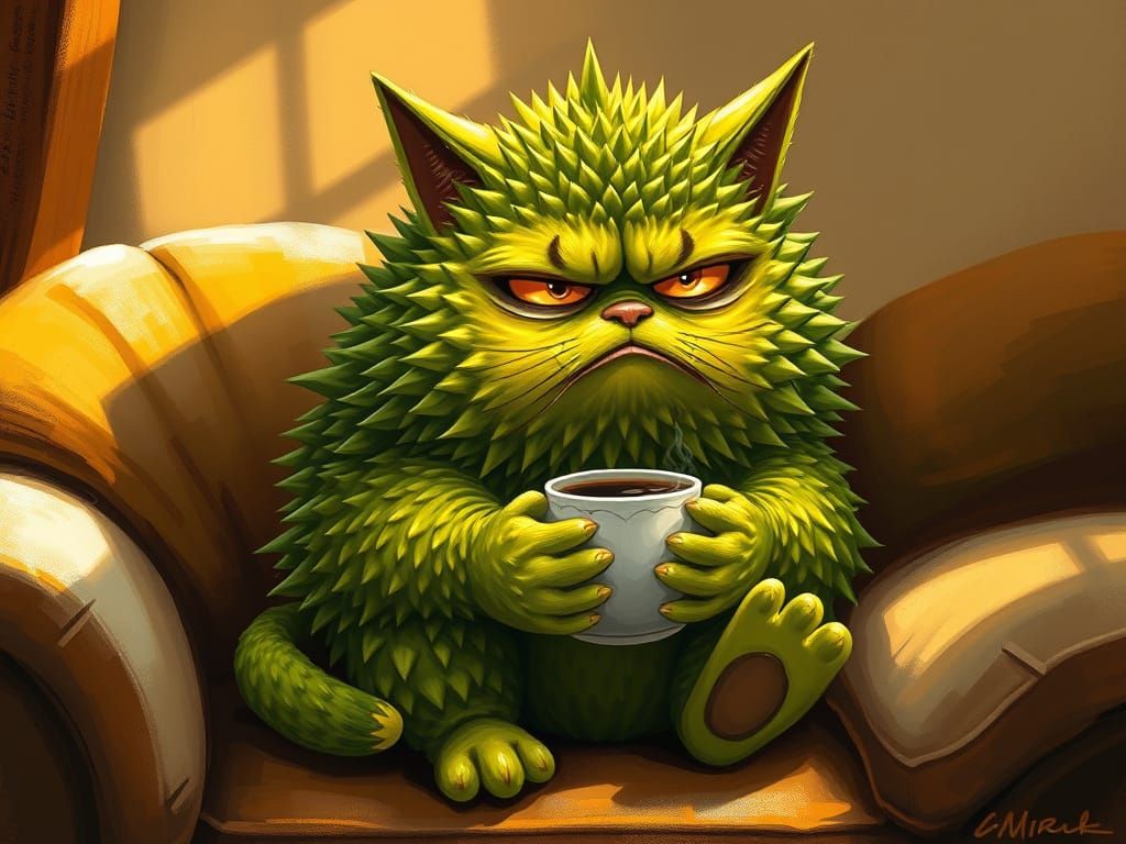 Whimsical Durian Feline Sips Coffee in Golden Light