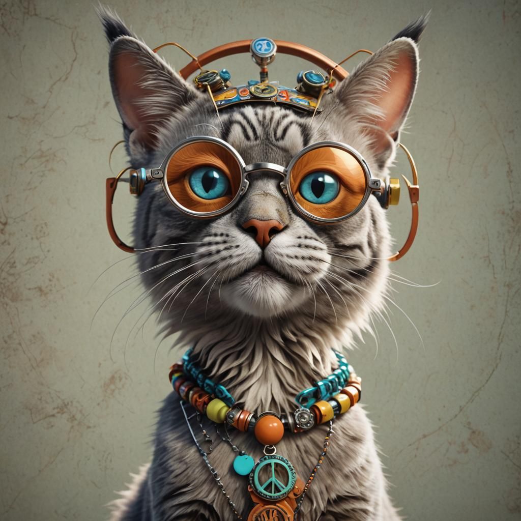 Anthropomorphic Hippie Cat Portrait in 1960s Style