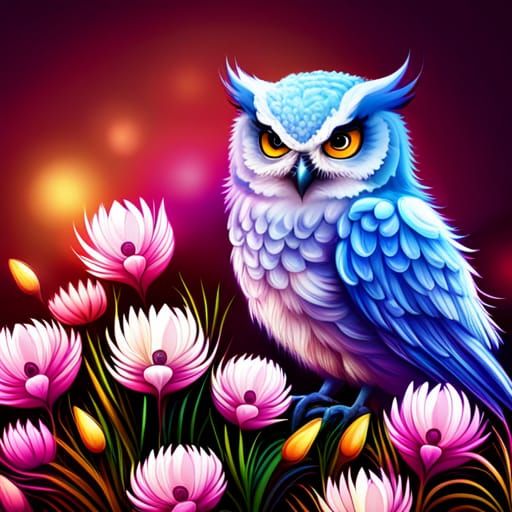 Cute Blue Owl with Fractal Flowers in Pixel Art