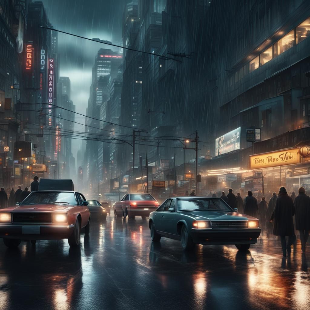 Crowded City Street at Night in the Rain