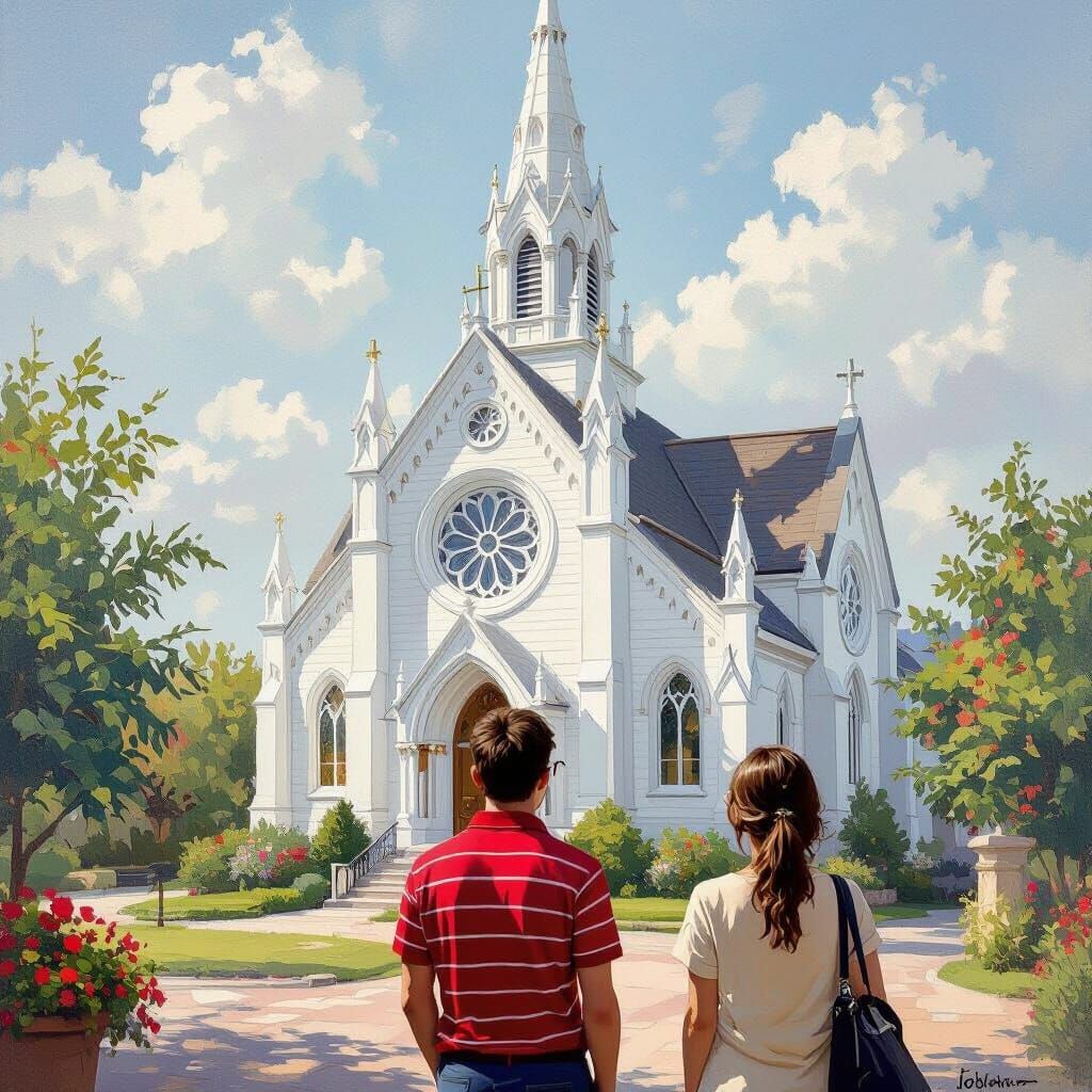 White Gothic Church with Tall Steeple in Soft Light
