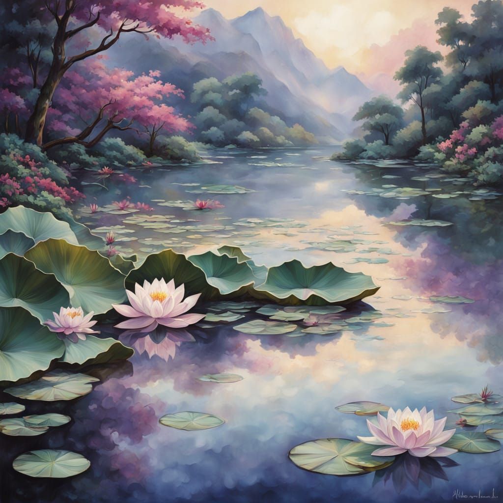 Vibrant Lotus Blooms Amidst a Crystal-Clear Lake