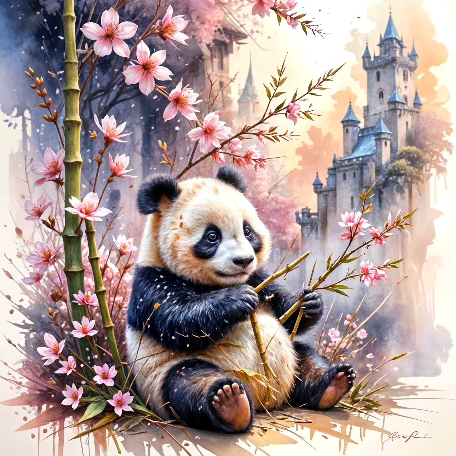 Kawaii Panda with Bamboo and Cherry Blossoms