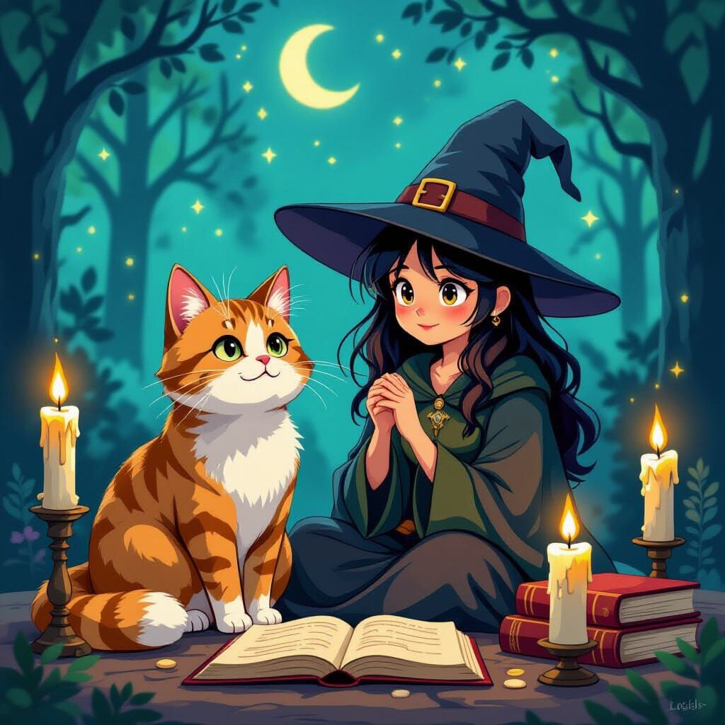 Mystical Cat and Witch Scene in Whimsical Style