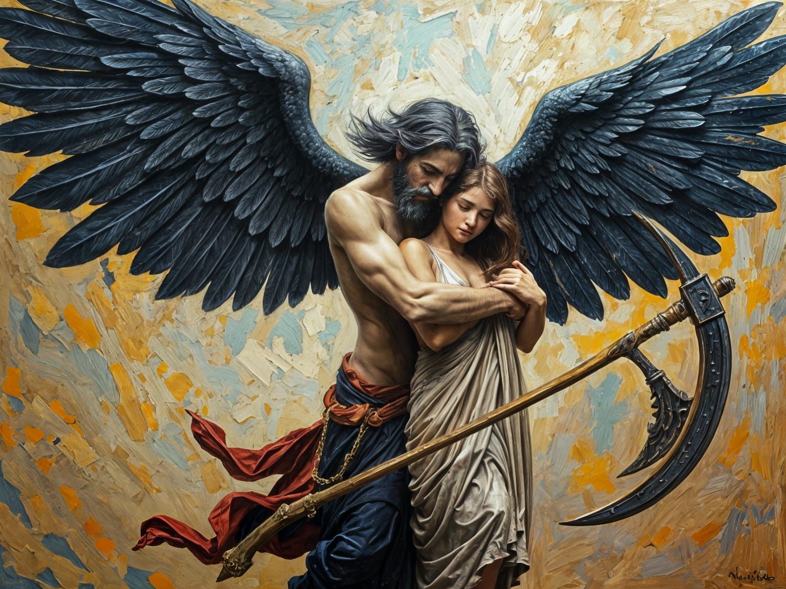 Dark Greek God of Death Hugs a Mourning Woman