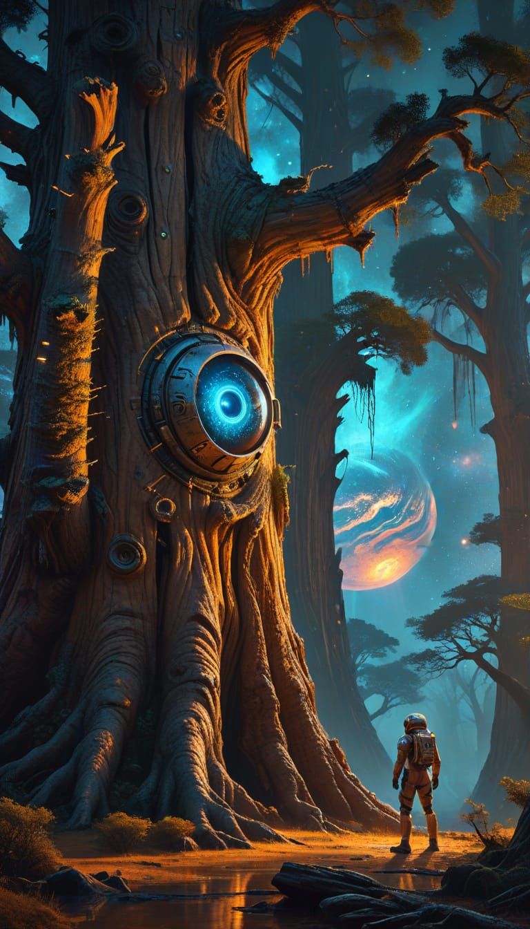 Astronaut Gazes at Nebula-Eyed Tree on Alien Planet