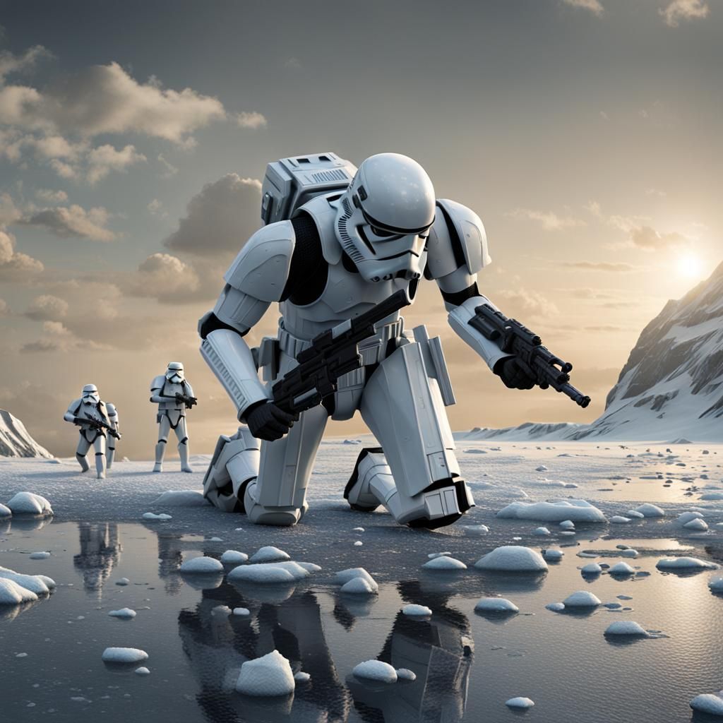 Giant stormtrooper unit, ice planet, highly detailed, cgi quality, cinematic