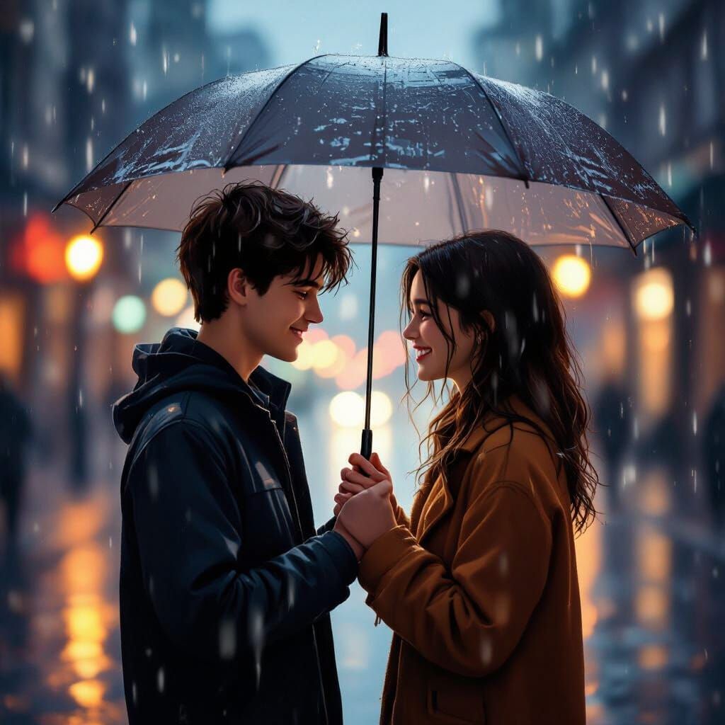 Romantic Couple in Rainy Cityscape