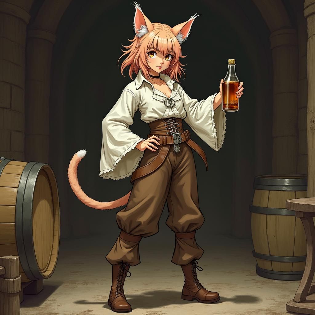 Pirate Nekomimi Girl with Rum in Tavern