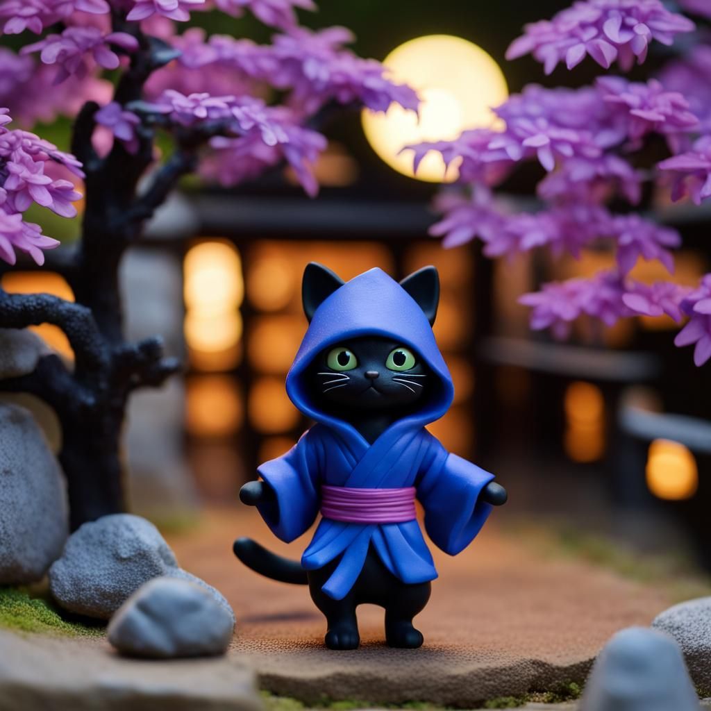Ninja Cat Figurine at Japanese Castle, 3D Render