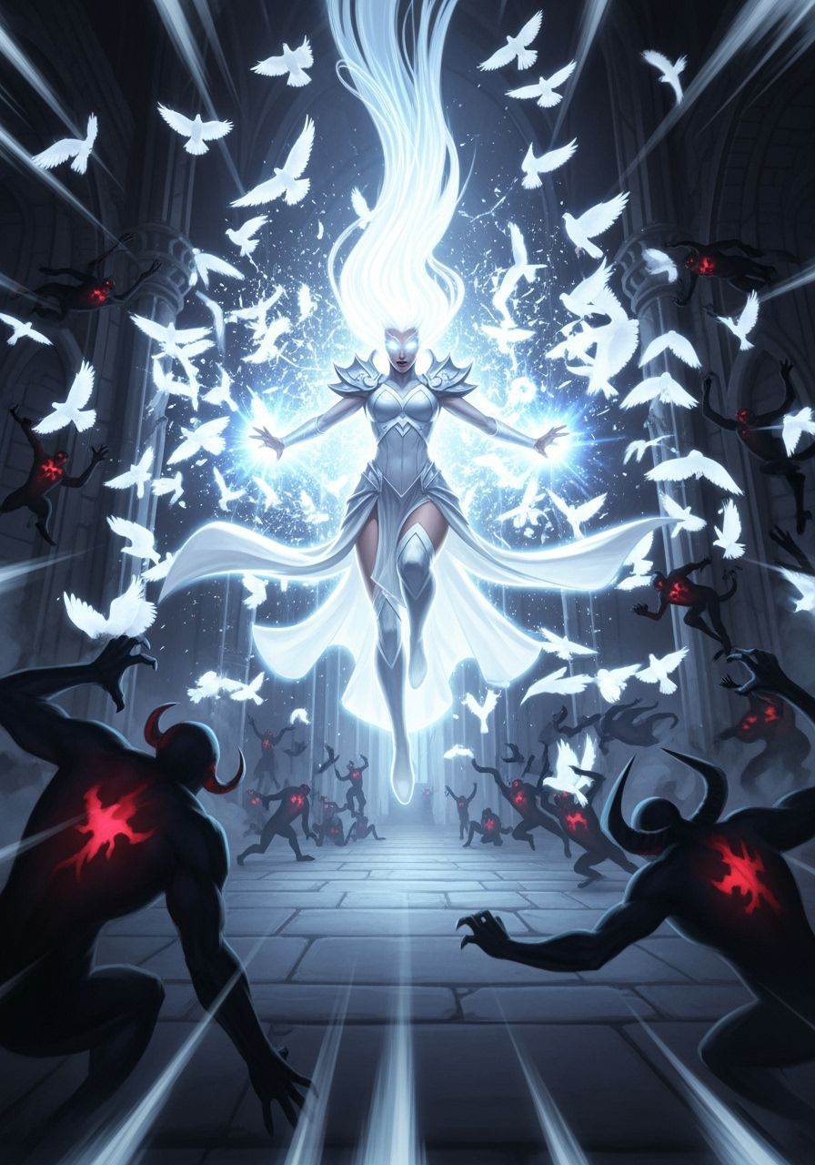 Sorceress Unleashes Energy Birds in Comic Style