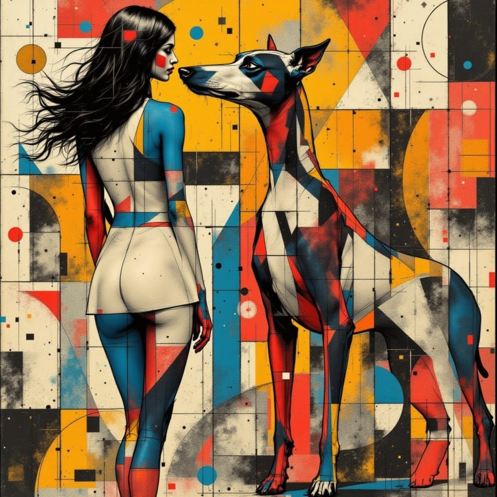 Stylized Woman and Dog in Cubist Basquiat Style