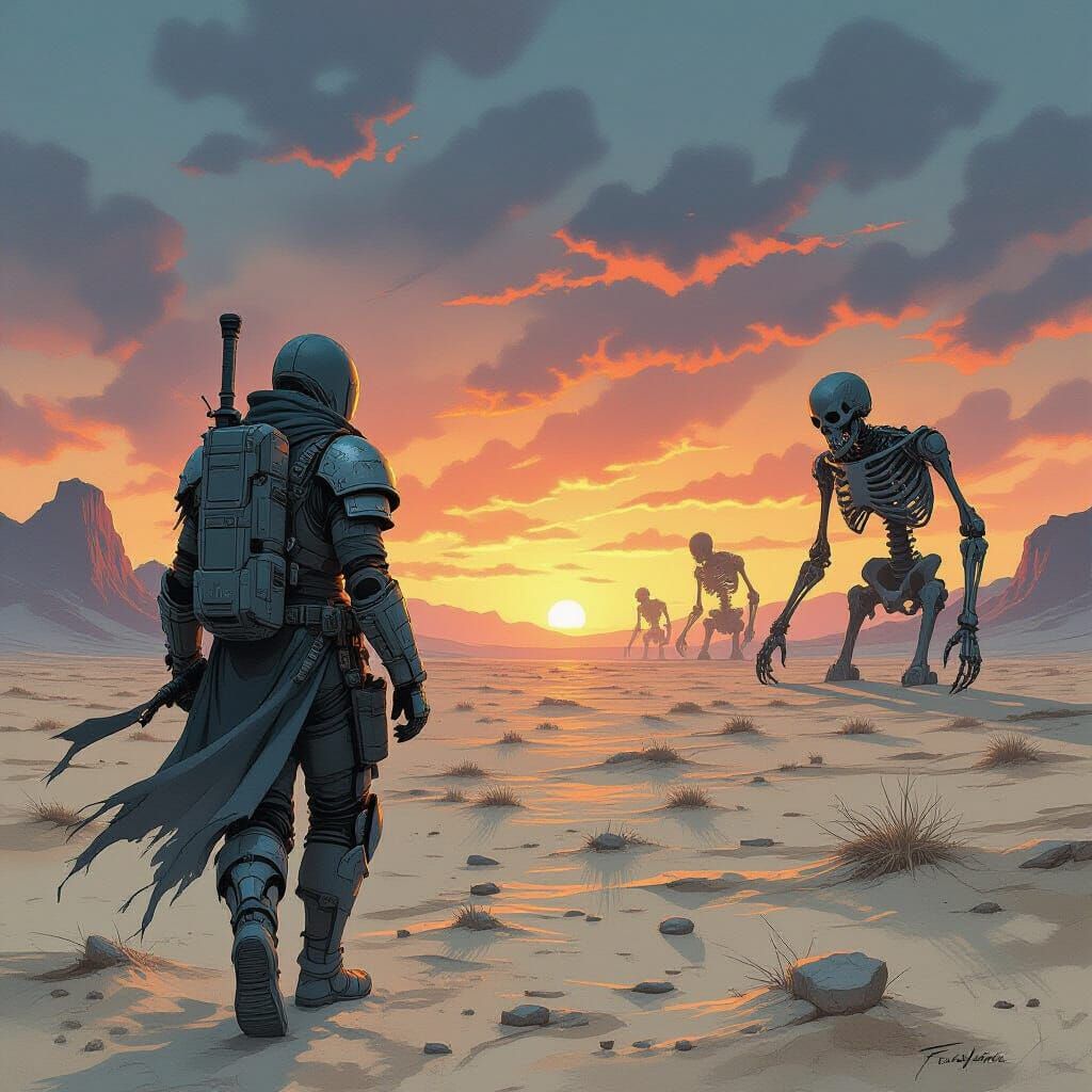 Wasteland Scavenger in Biomechanical Armor, Ink Wash Style