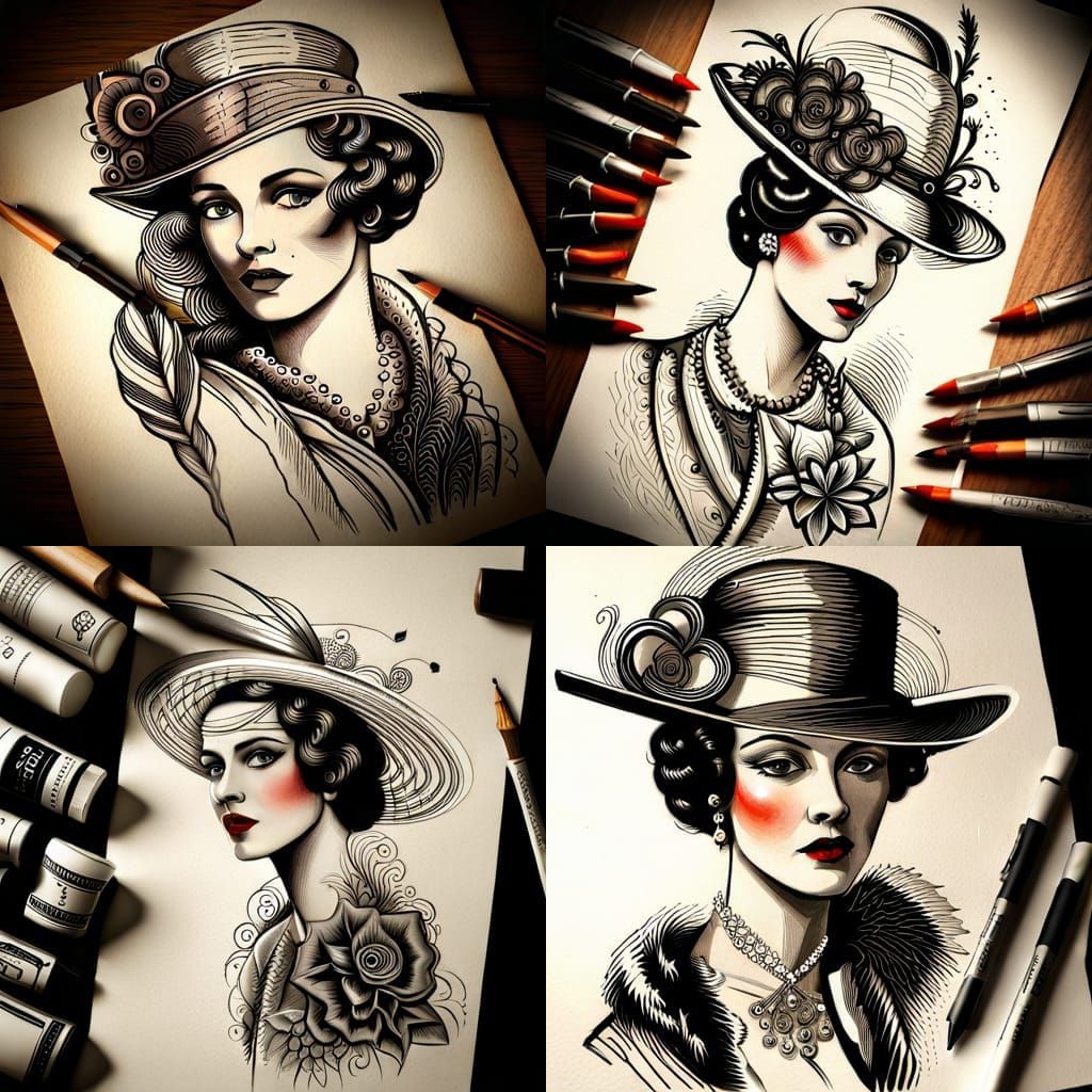 Retro Lady in Hat: Art Deco Line Art Portrait