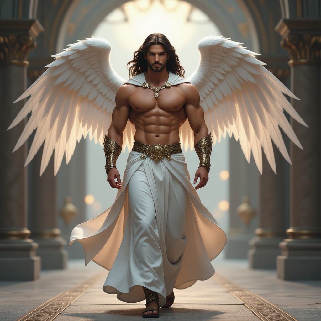 Majestic Male Angel in Heroic Tunic with Flowing Skirt