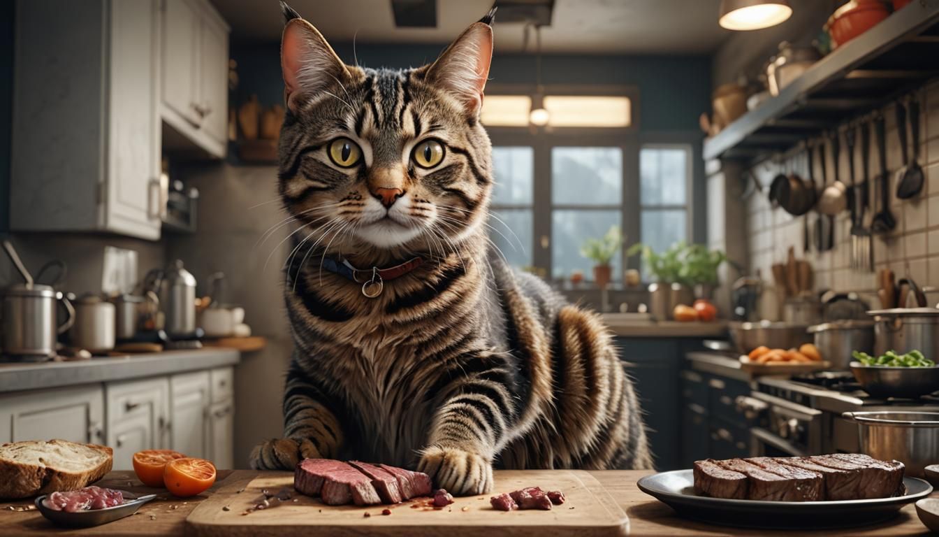 Tabby Cat's Steak Dinner: Detailed Digital Art