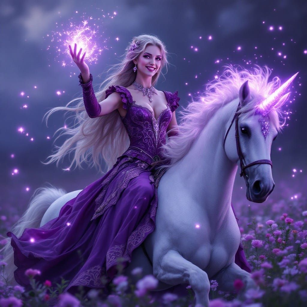 Medieval Enchantress Rides Unicorn Through Vibrant Twilight ...