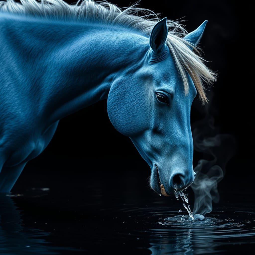 A Blue Stallion on the Brink of the Dark Water