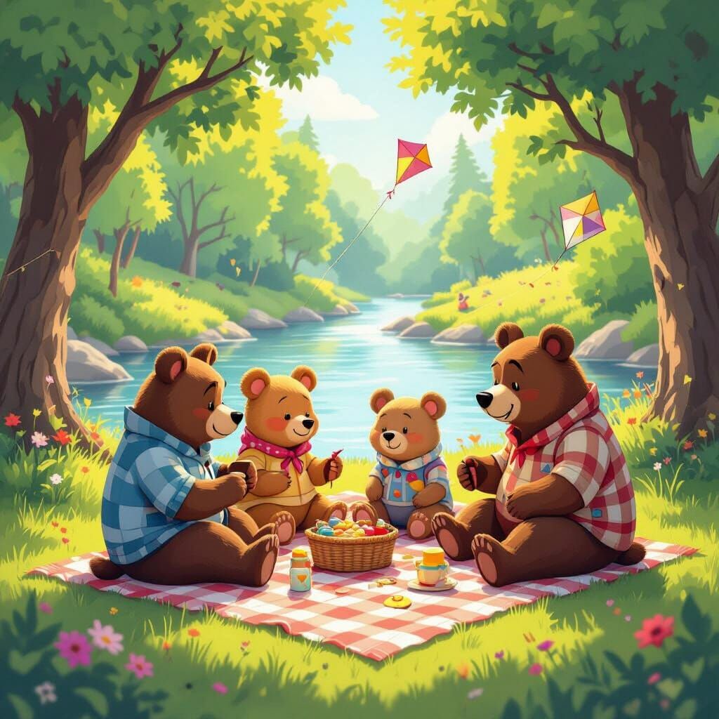 Anthropomorphic Bears Picnic in Whimsical Cartoon Style