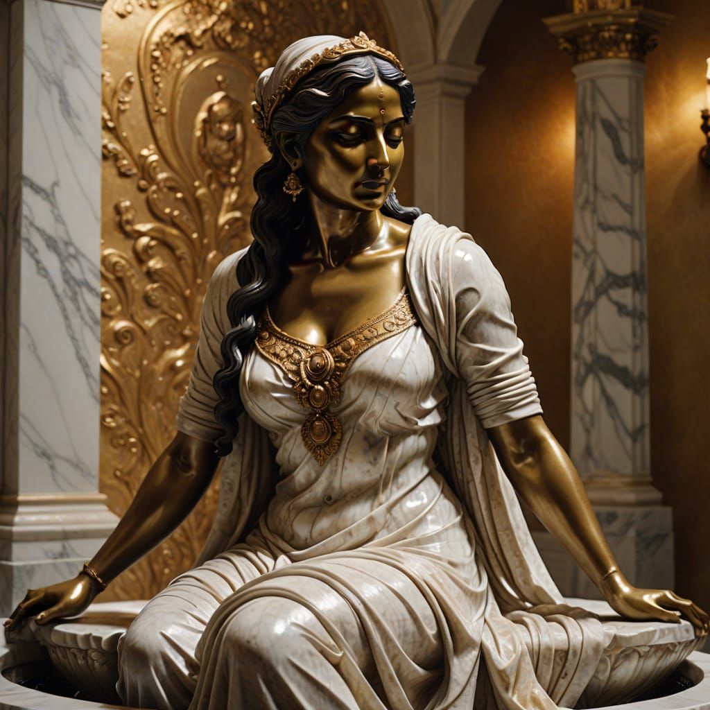 Baroque Marble Sculpture of Bathing Indian Woman