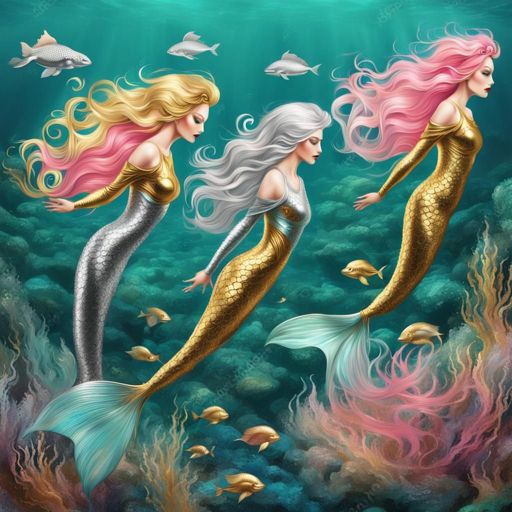Golden and Silver Mermaids in Surreal Style