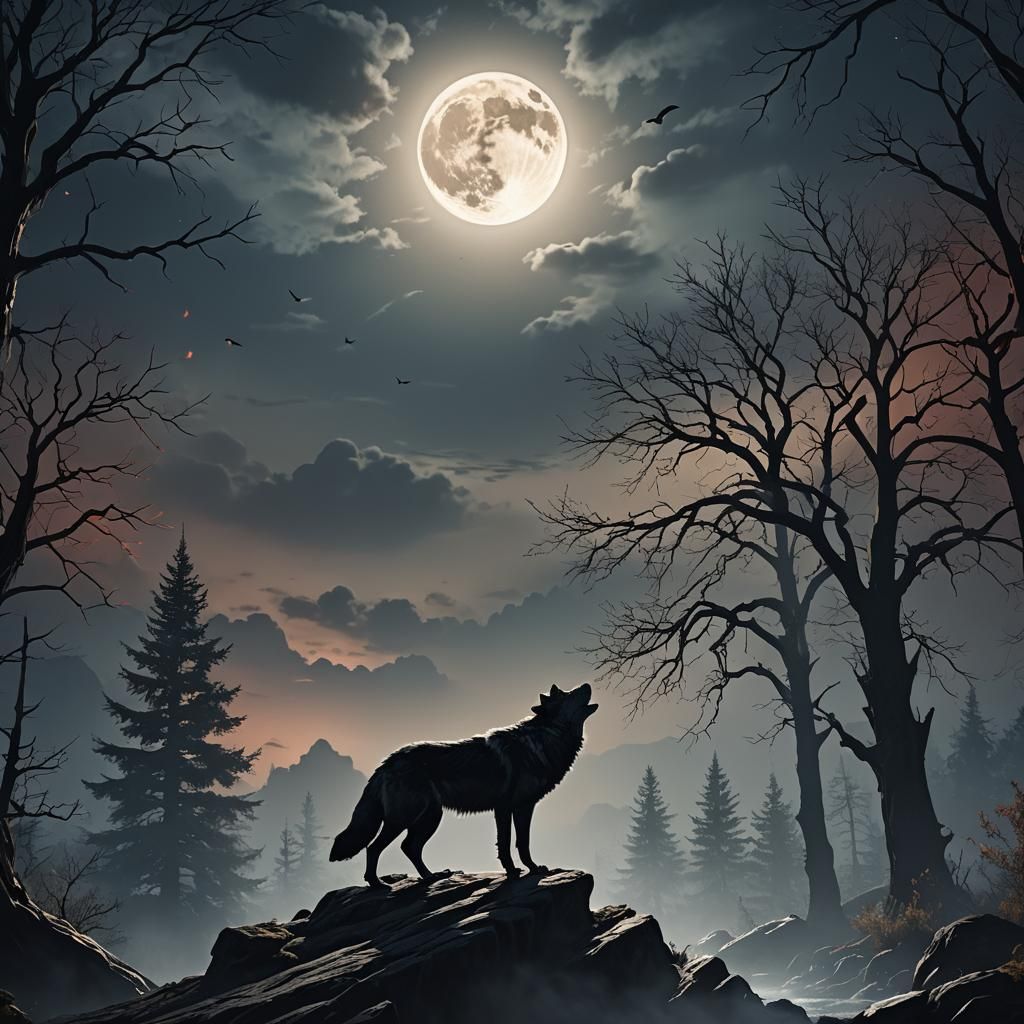 Wolf Howling at the Moon in Detailed Matte Painting