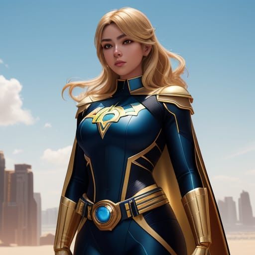 Hyper-Realistic Superheroine in Vibrant Blue and Gold