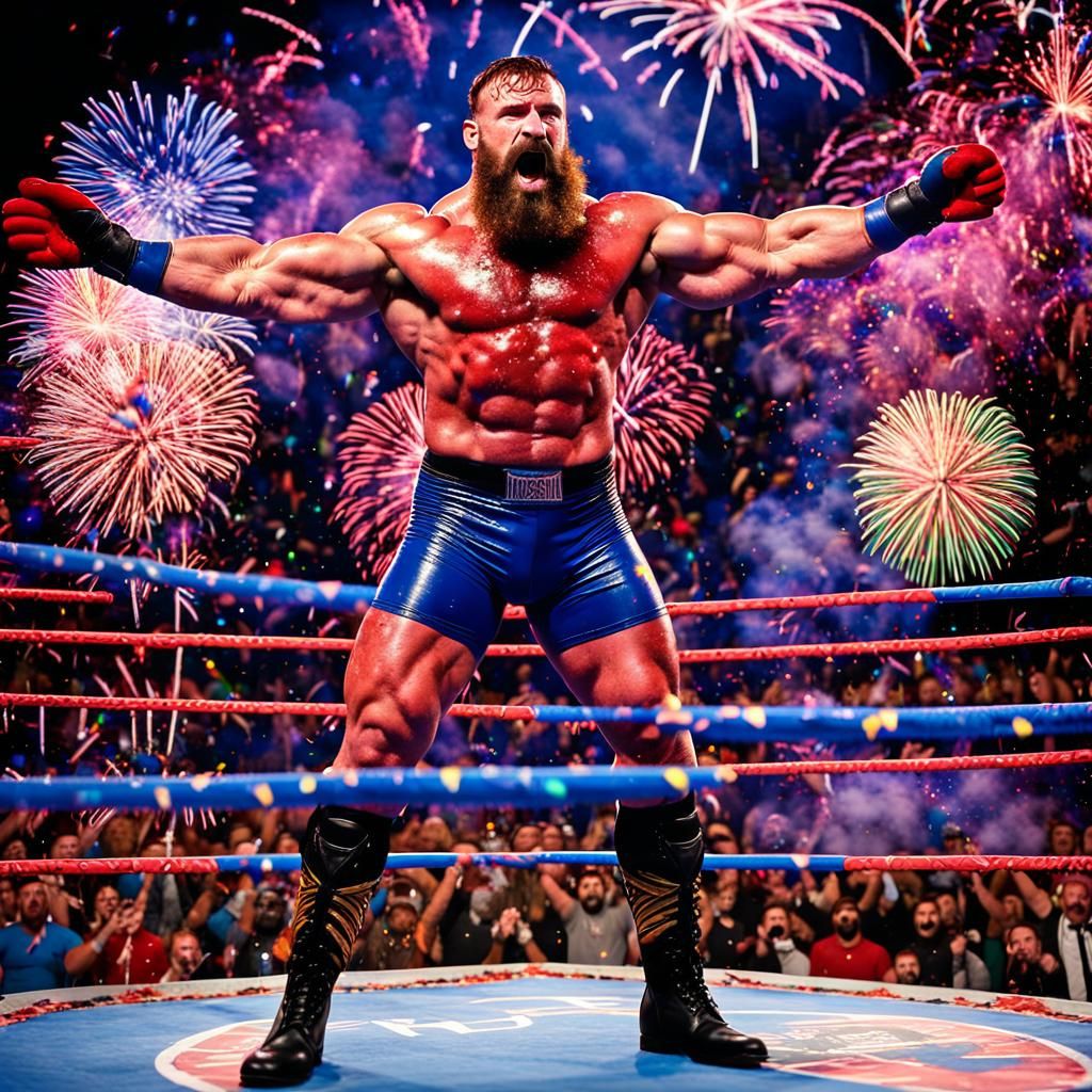 Triumphant Wrestler in a Ring of Fireworks