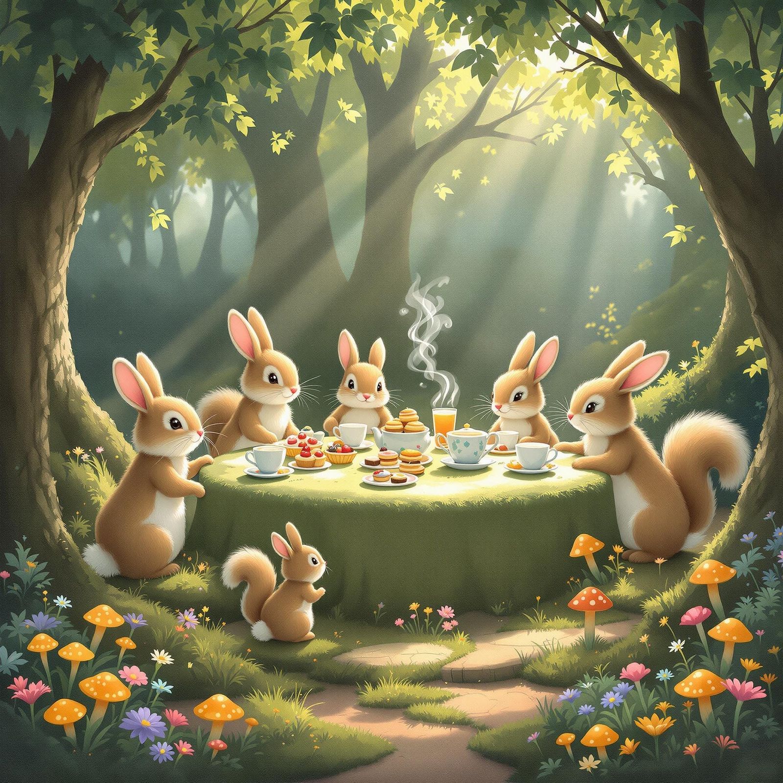 Whimsical Tea Party in Hidden Grove, Painterly Style