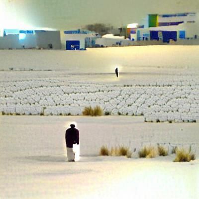 Lone Figure Walking in White Winter Field