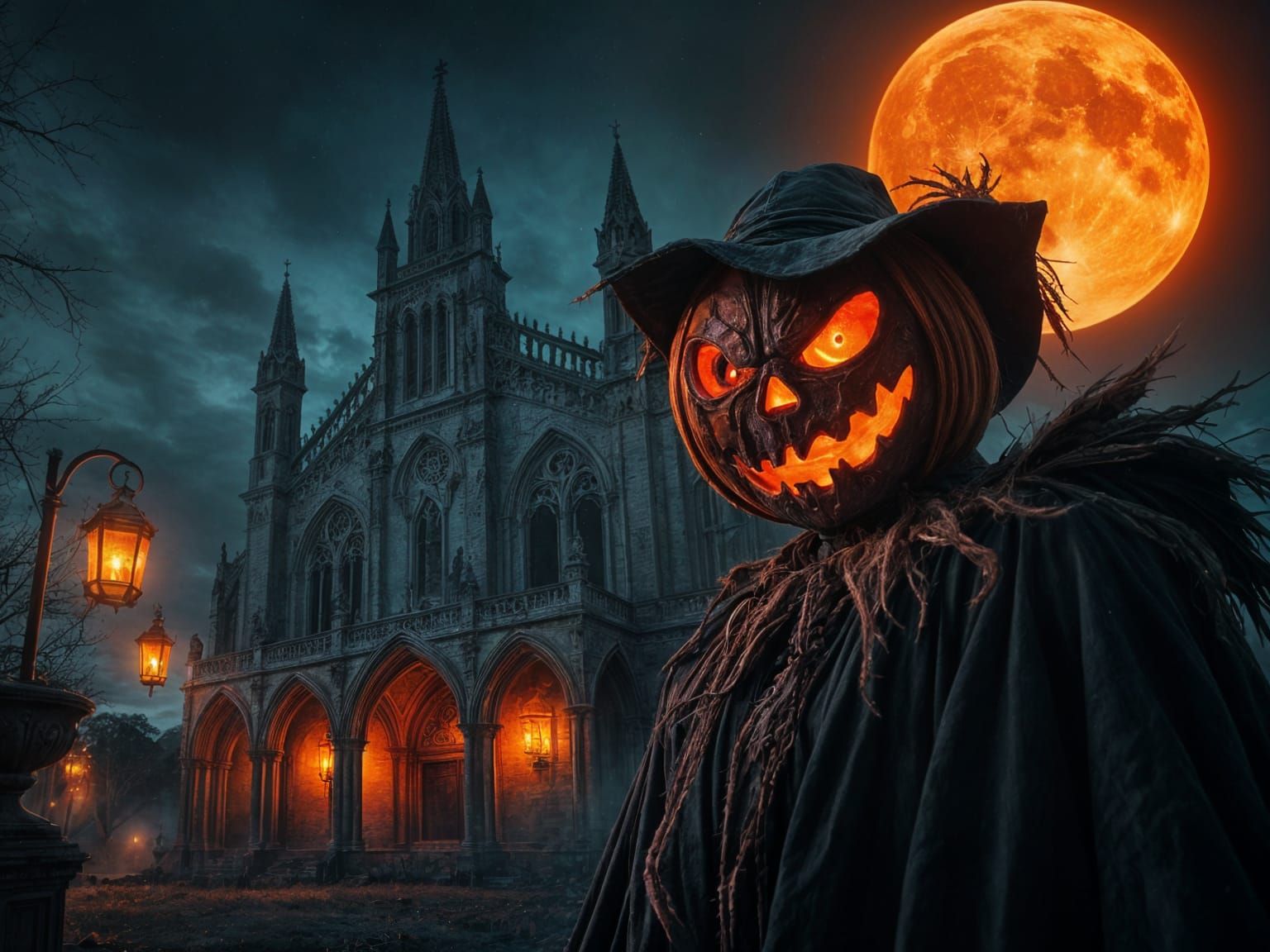 Gothic Cathedral Ruins with Jack-o'-Lantern Scarecrow