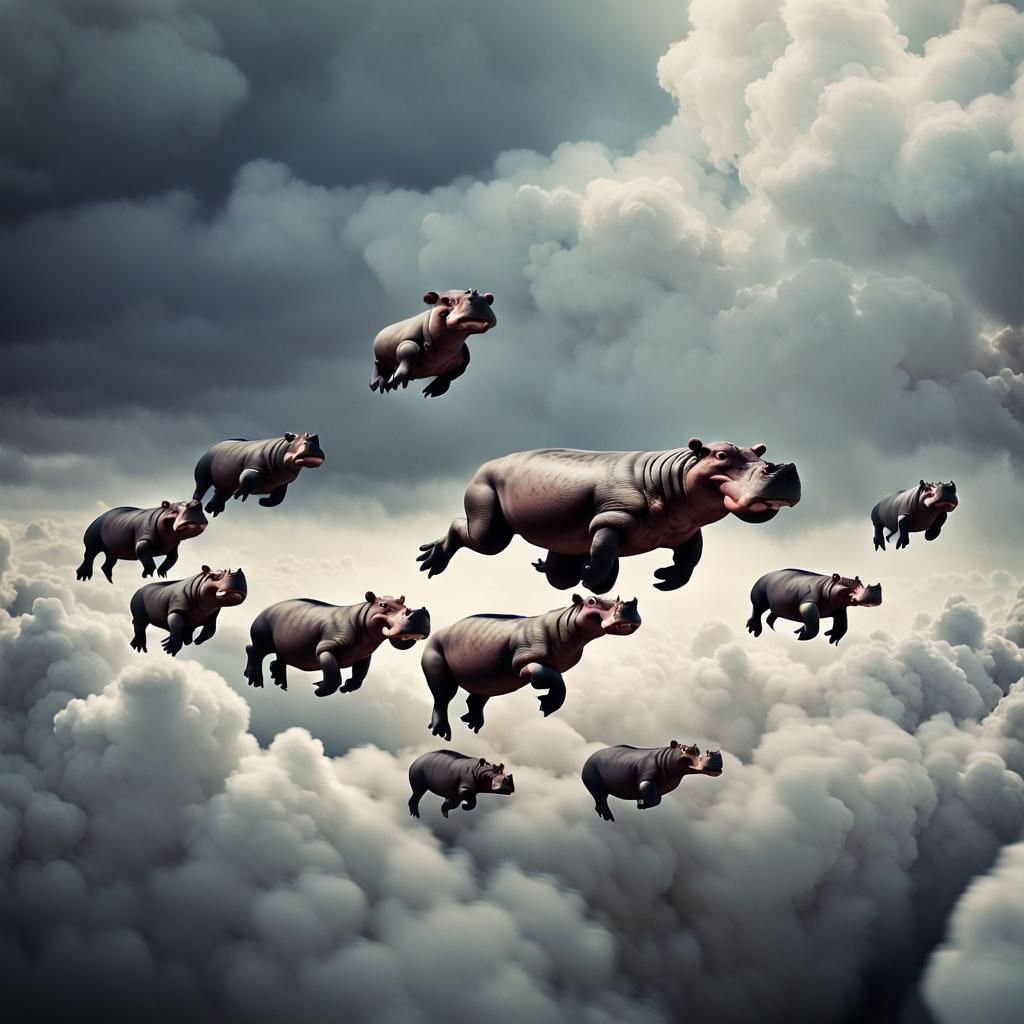 A flock of flying hippopotamus soars through the clouds.
