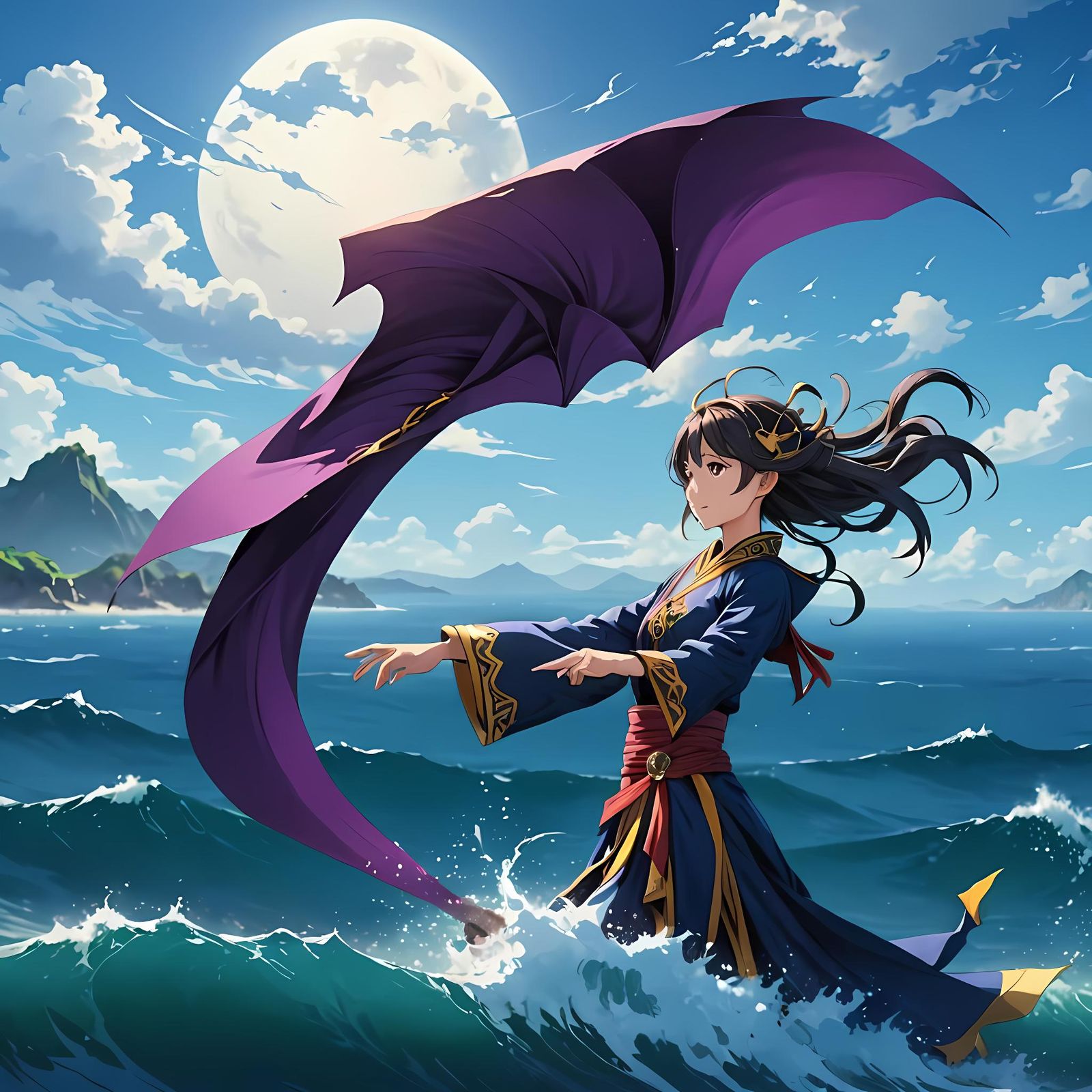 Wind Sorceress on Sea Coast in Anime Style