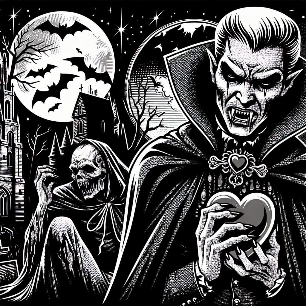 Gothic Vampire Hiding with Heart in Comic Art