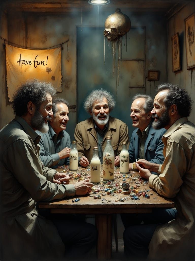 Men Drink Milk From Bottles Amidst Scattered Toys in Surreal...